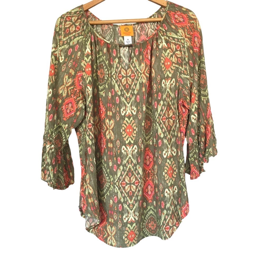 Ruby Rd. Ikat Metallic Bell Sleeve Peasant Blouse 1X Olive Pink